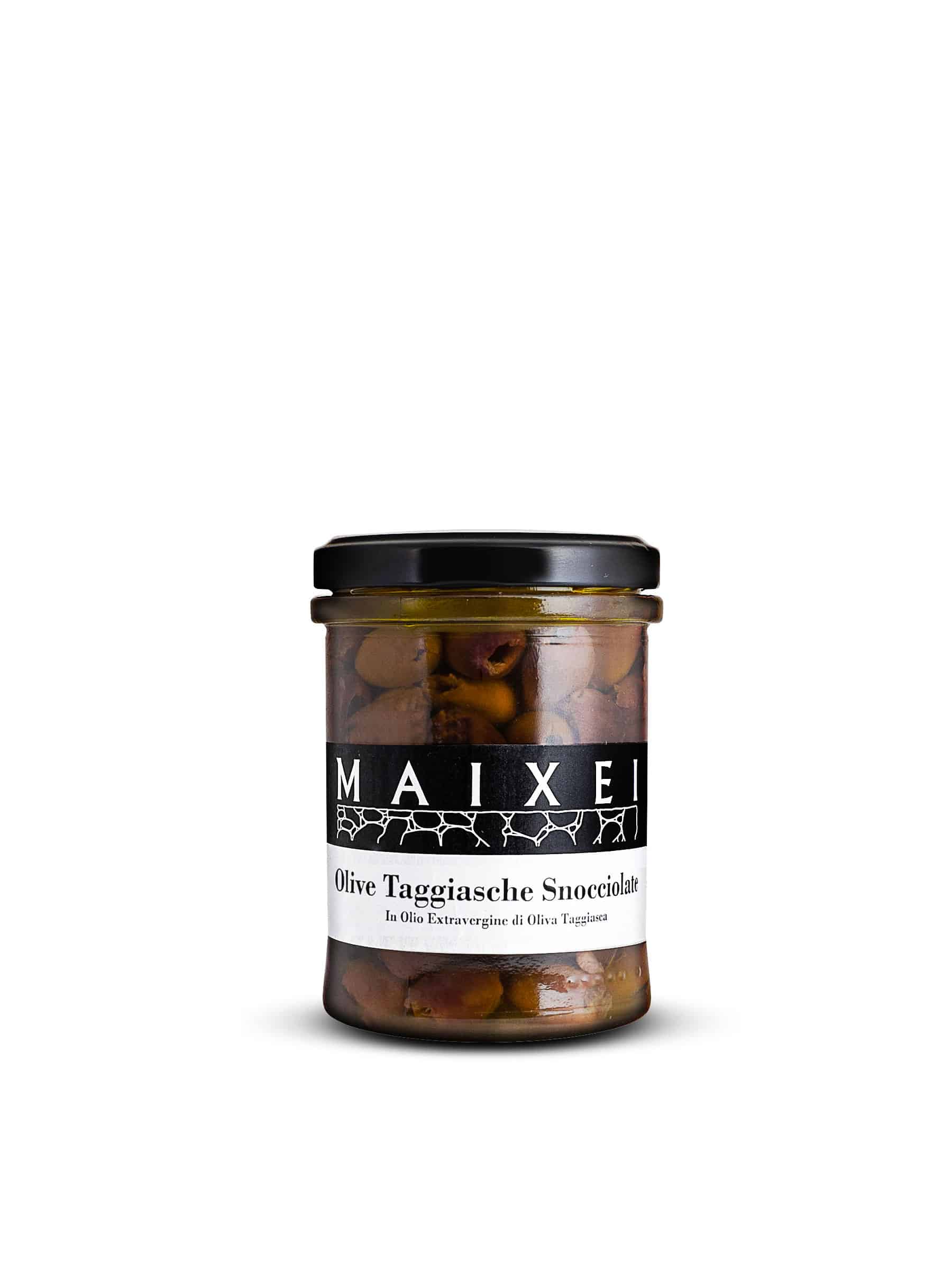 OLIVE TAGGIASCHE SNOCCIOLATE IN OLIO EVO (OLIVES TAGGIASCA DÉNOYAUTÉES À L'HUILE D’OLIVE EXTRA VIERGE) 180gr